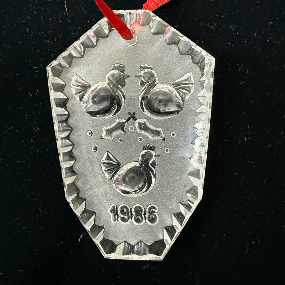 Waterford Crystal Ornament with Red Ribbon- 3 turtle doves design